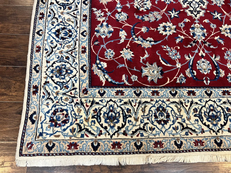 Persian Nain Rug 6x10, Wool and Silk Highlights, Red and Ivory, Floral Medallion, Vintage Handmade Hand Knotted, Fine 225 KPSI, Traditional Rug by Jewel Rugs