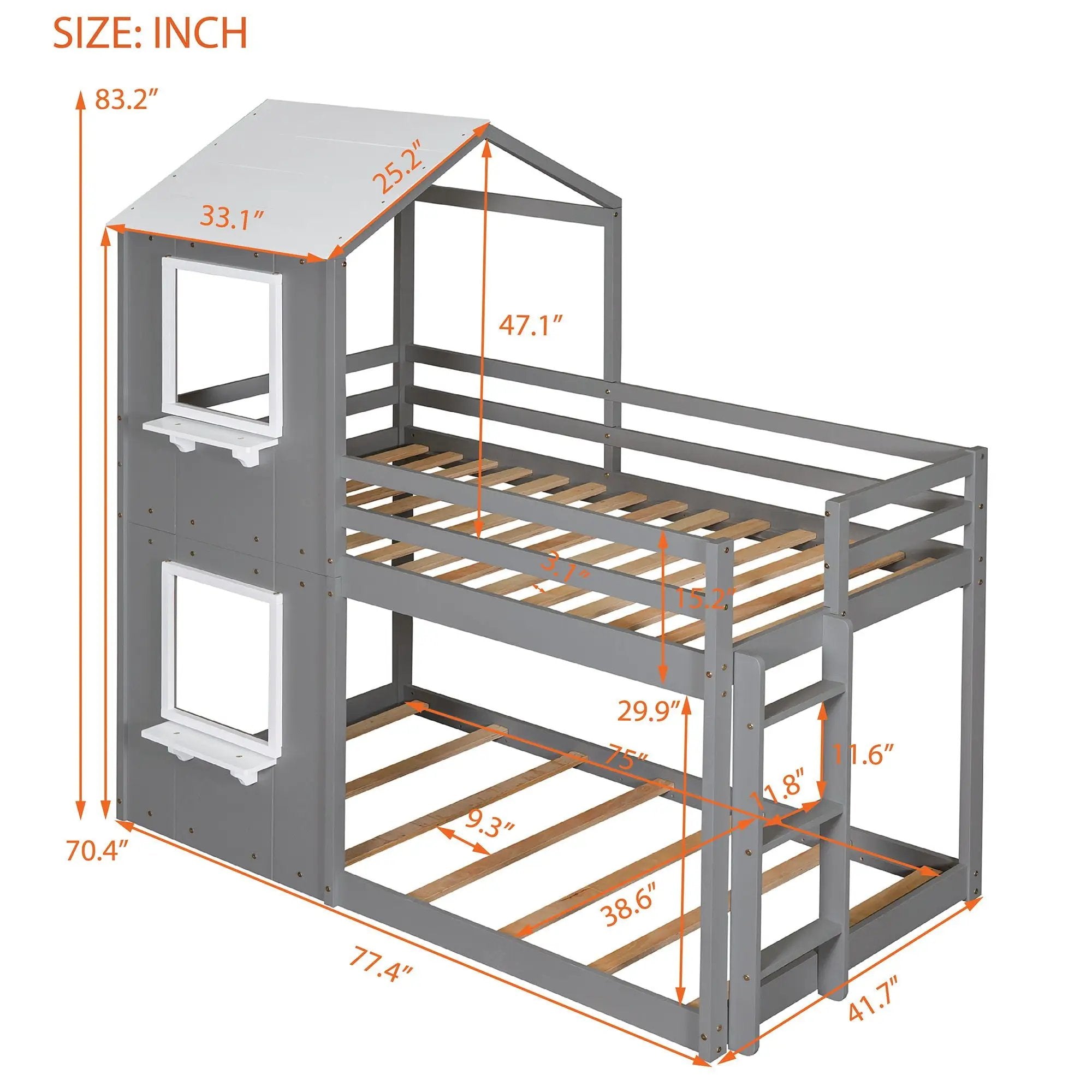 Bunk Bed Wood Bed & Roof, Window, Guardrail, Ladder by Unique Piece Furniture