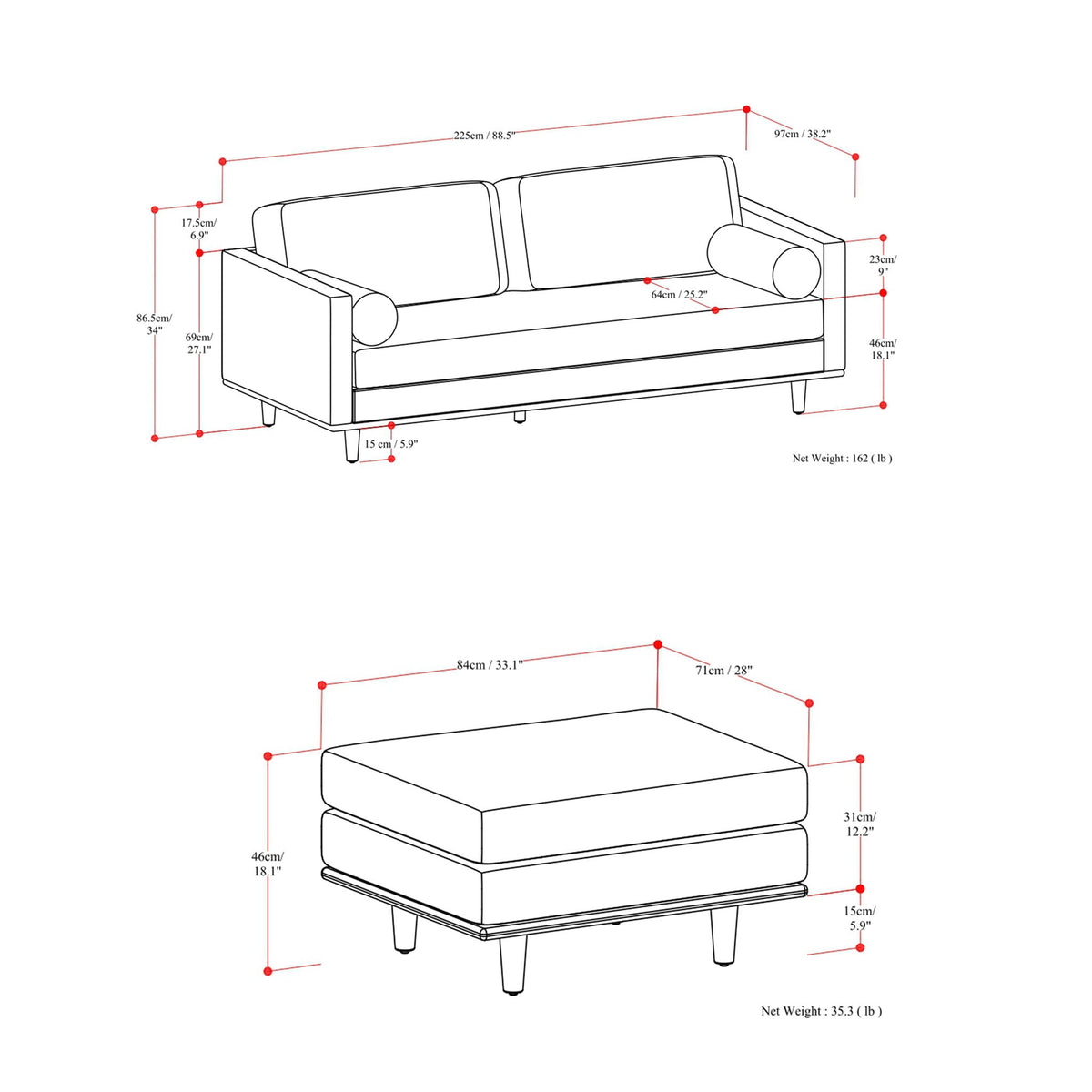 Morrison Sofa and Ottoman Set with Plush Feather Cushions - Multiple Colors, photo 29 of 40