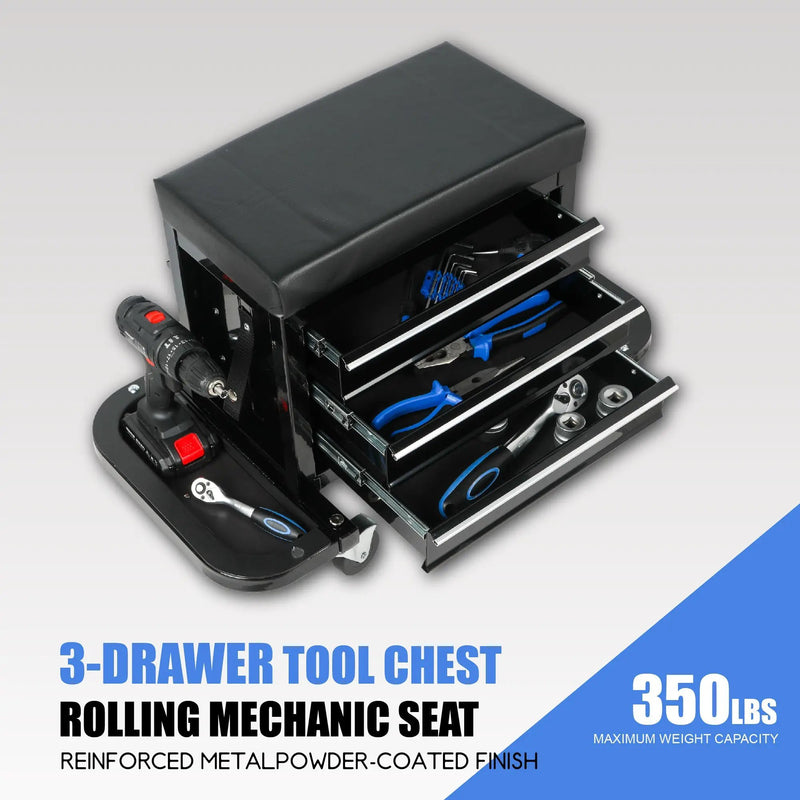 3-Drawer Tool Chest Rolling Mechanic Seat with Tool Trays by HouseOfZazla
