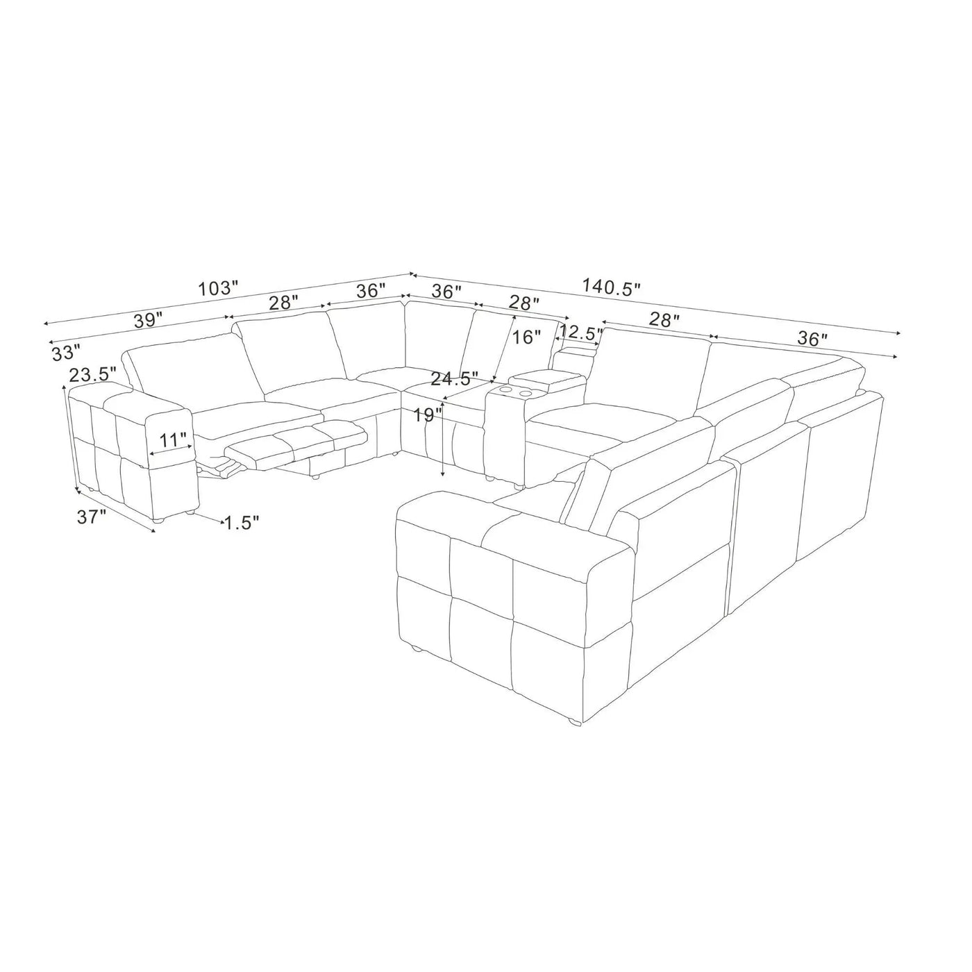 Upholstered Large Arms Sectional With Recliner Seats by Unique Piece Furniture