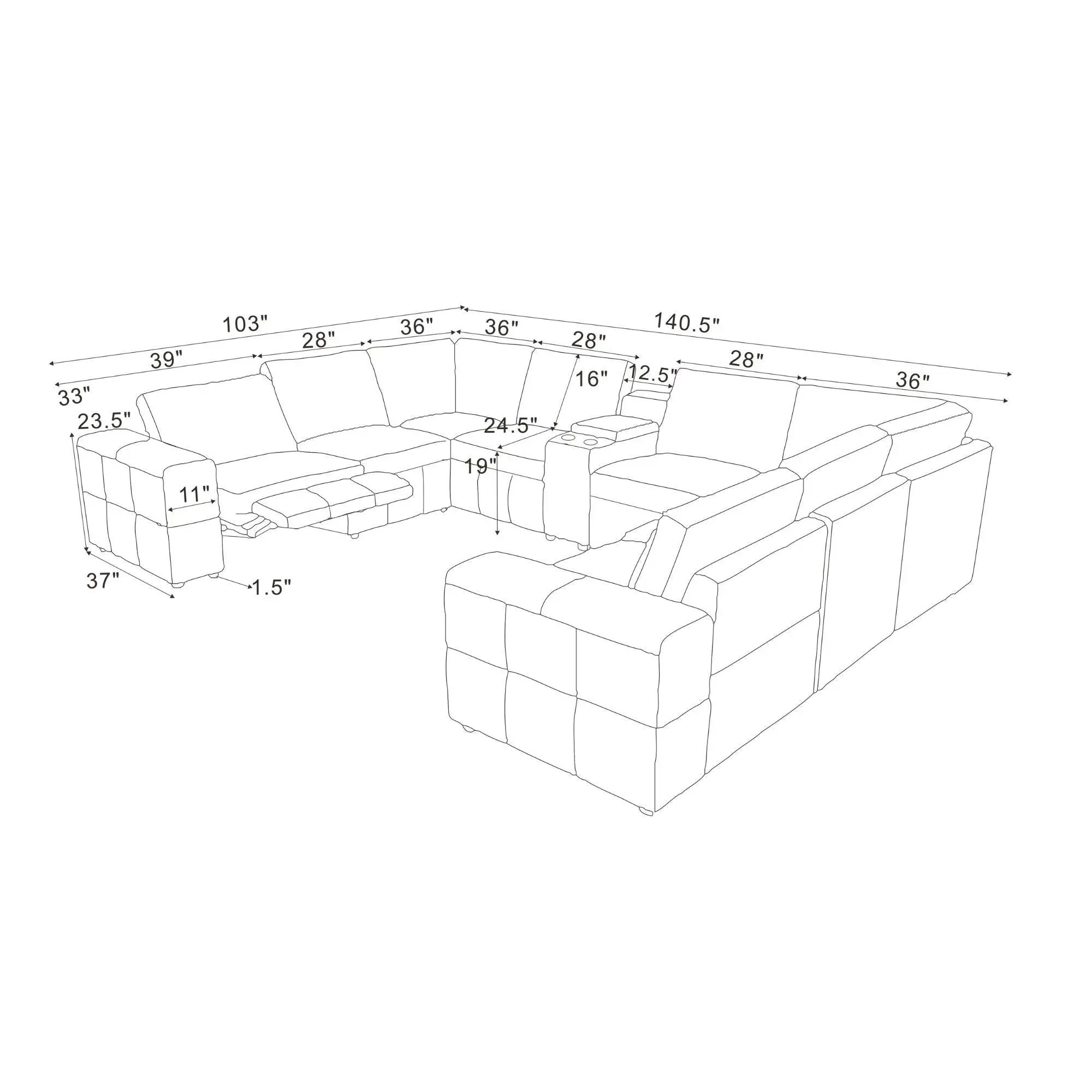 Upholstered Large Arms Sectional With Recliner Seats by Unique Piece Furniture
