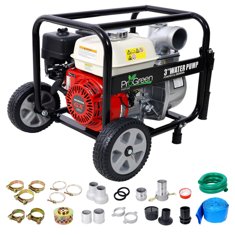 Honda - Gx160 Engine Water Pump 3" 264Gpm With Accessories Kit And Handle Wheel Kit - Black / Red by HouseOfZazla