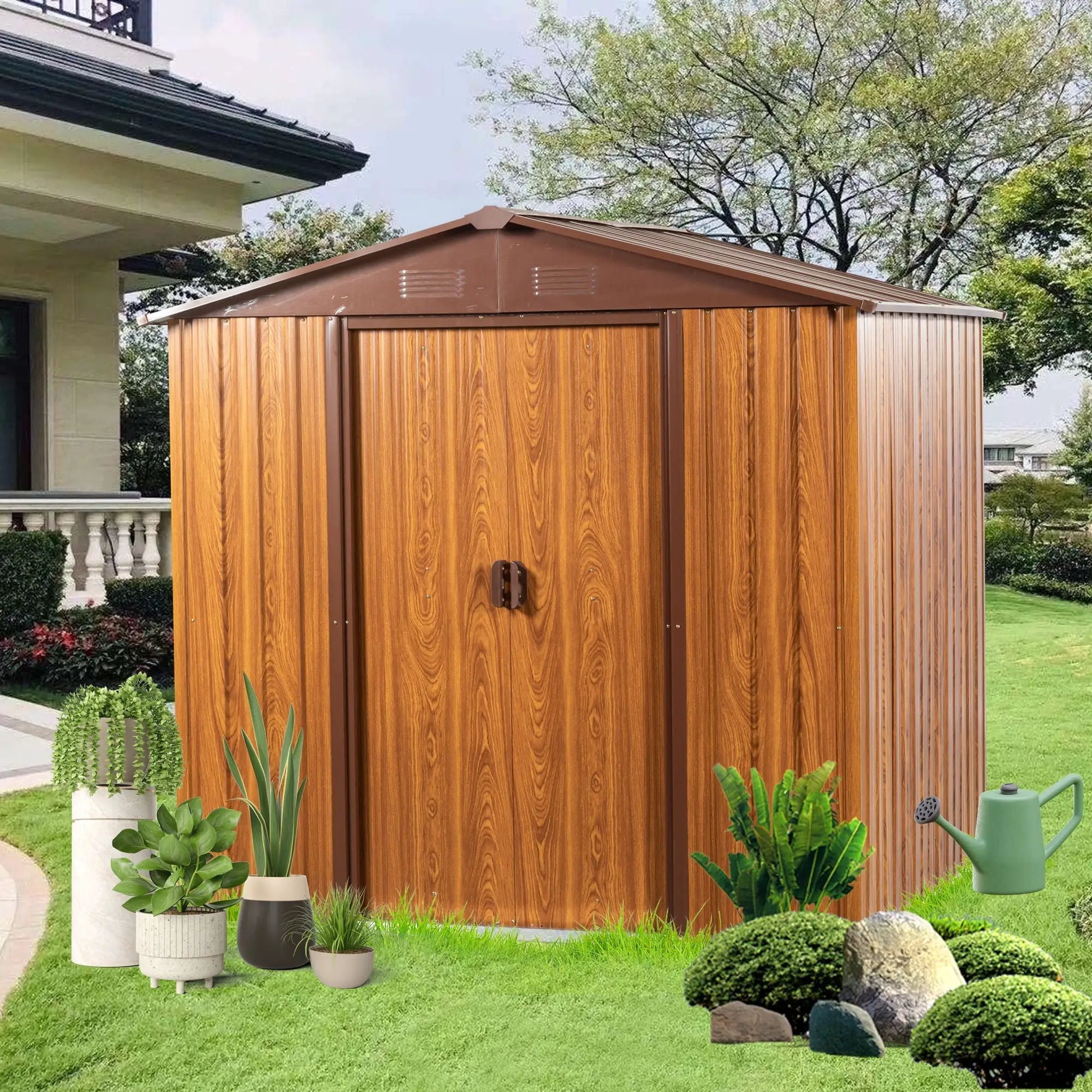 Metal Storage Shed Appealing Horizontal Siding In Woodgrain With Coffee Trim To Complement - Light Brown by HouseOfZazla