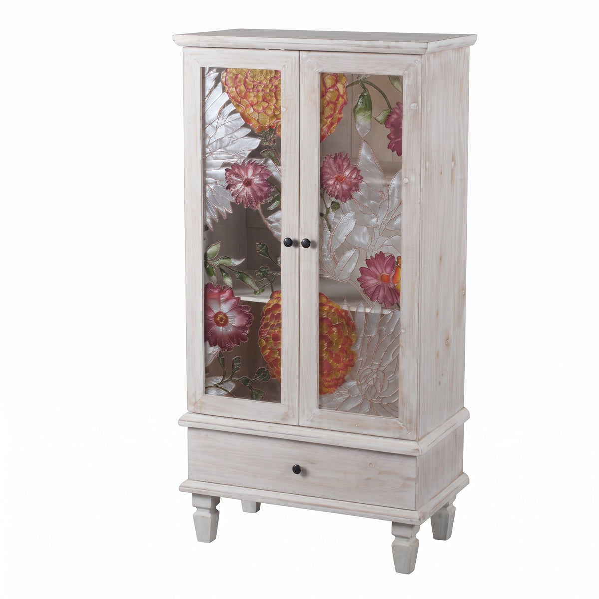 French Country Accent Cabinet with 2 Glass Doors and Drawers - White Antique, photo 8 of 10