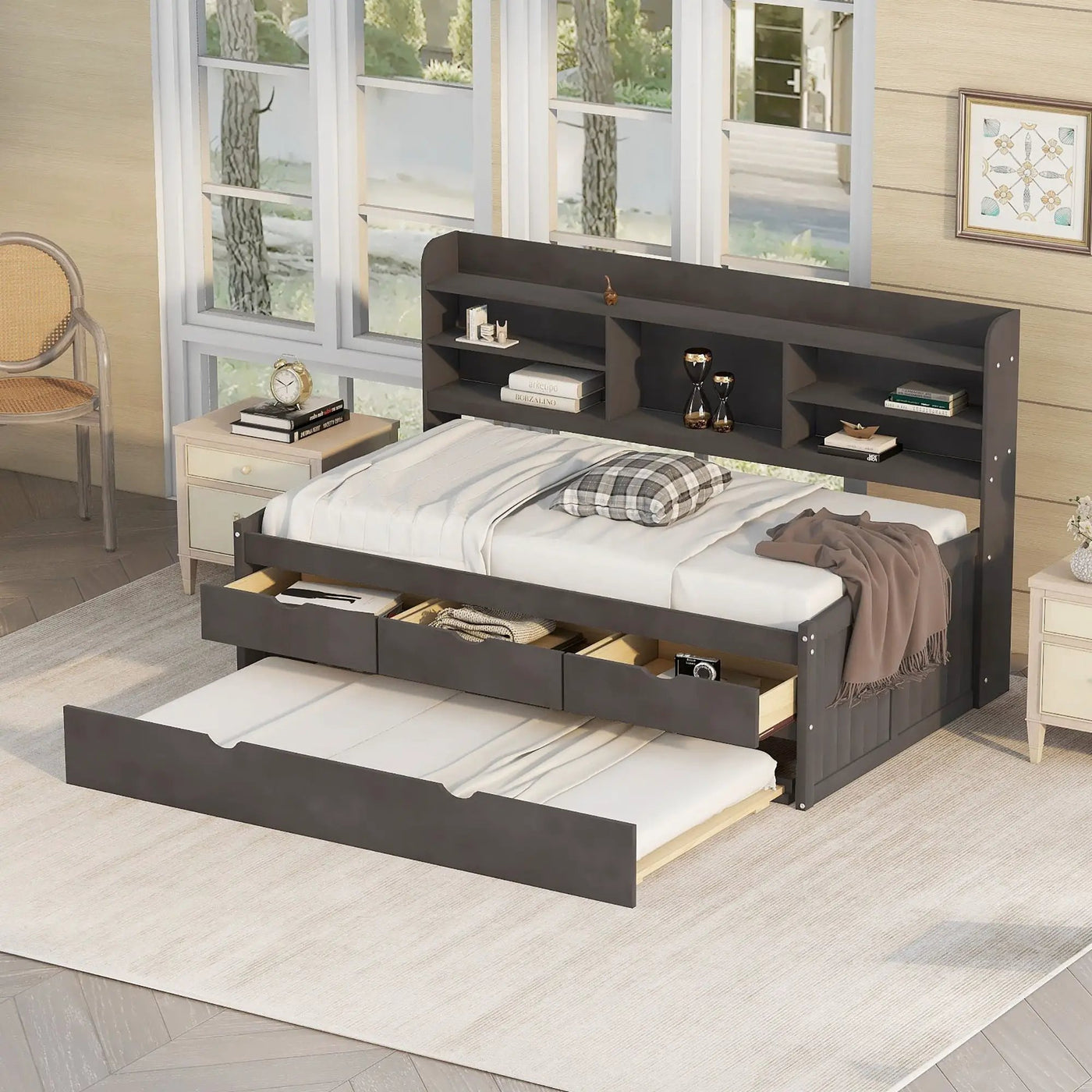 Captain Bed With Built In Bookshelves, 3 Storage Drawers, And Trundle by HouseOfZazla