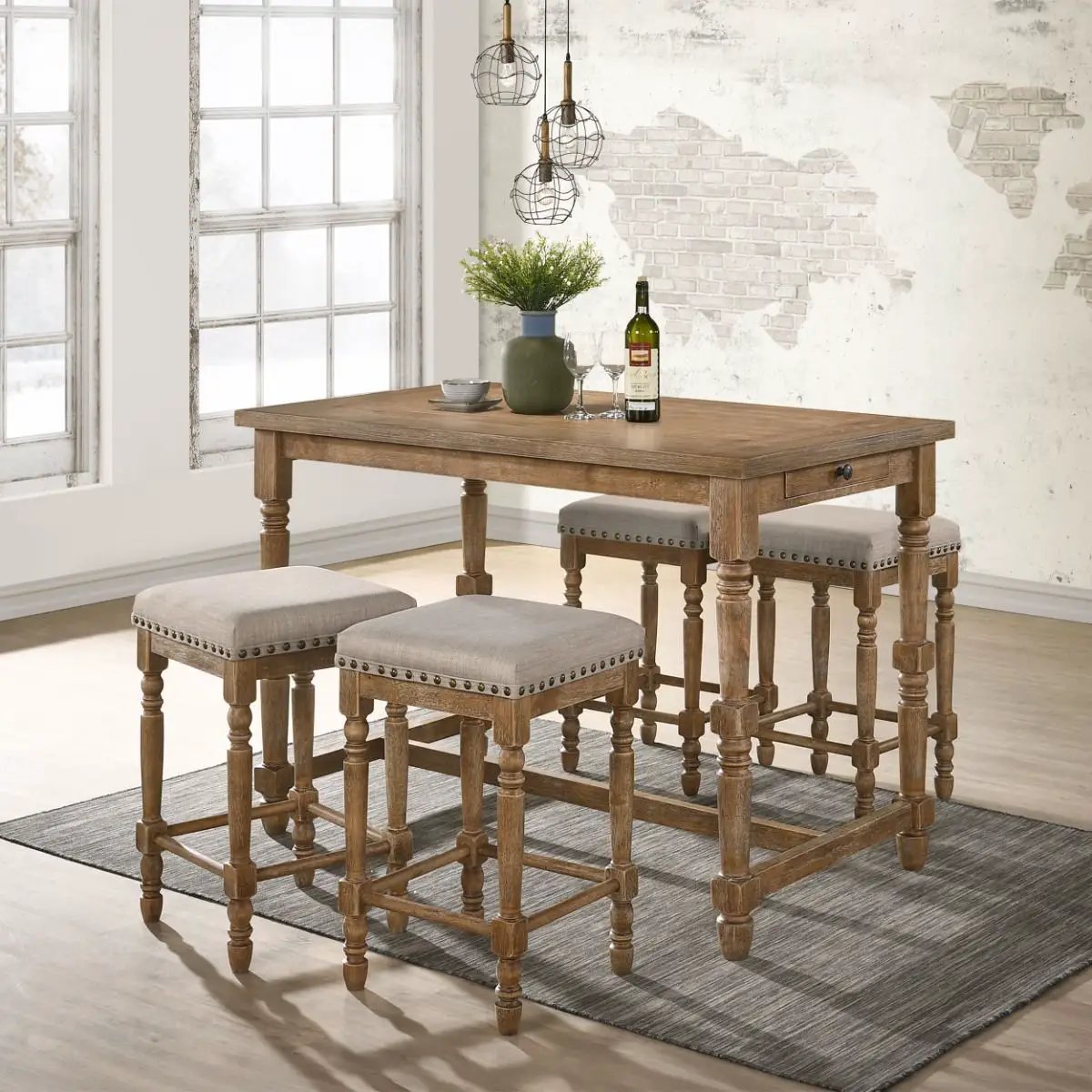Farsiris - Counter Height Stool (Set of 2) - Beige Fabric & Weathered Oak by Unique Piece Furniture