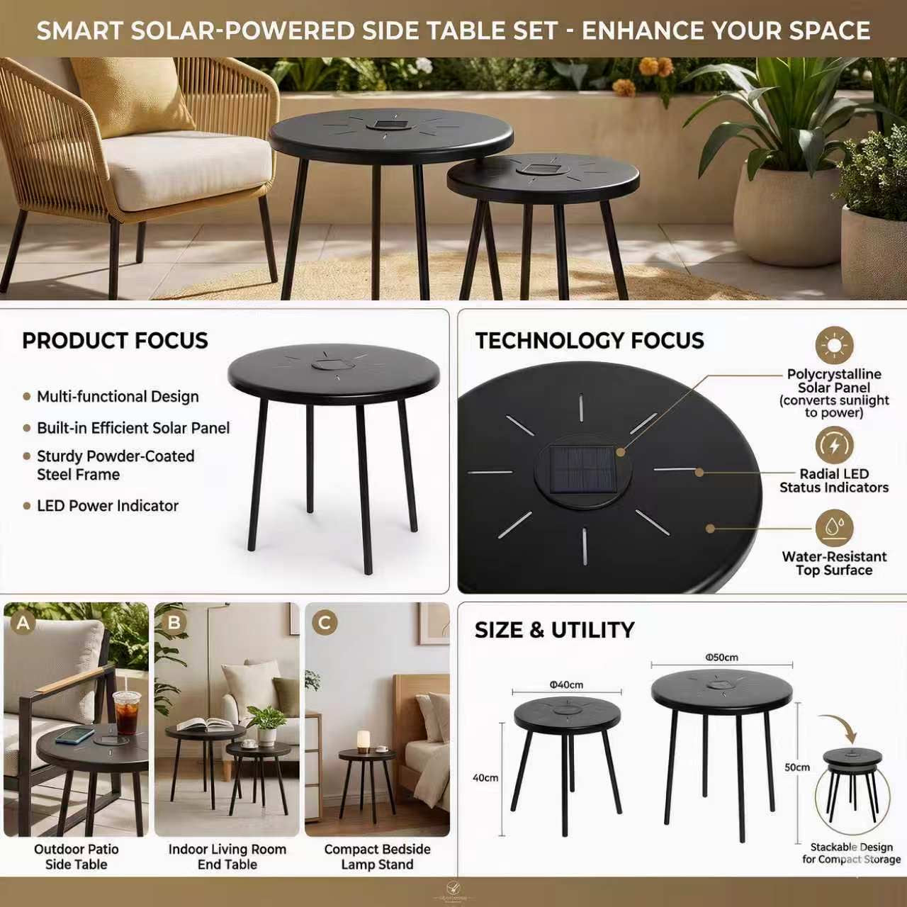 2-Pack Solar Powered Side Table with LED Light, Outdoor/Indoor Nesting Round End Table Set by HouseOfZazla