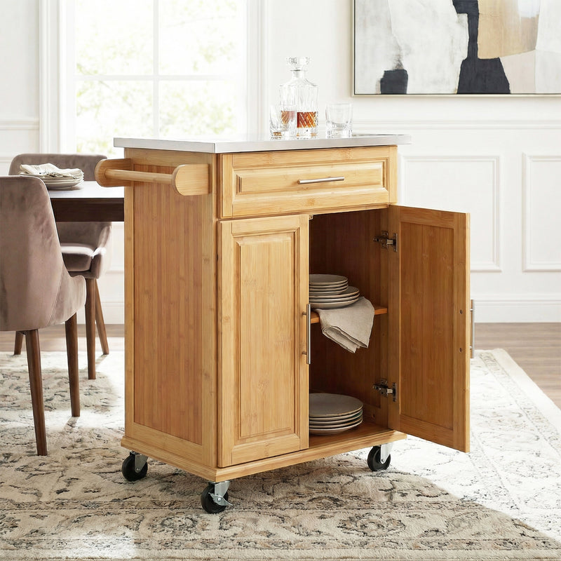 Indoor Compact Bamboo Rolling Kitchen Cart with Stainless Steel Top by HouseOfZazla