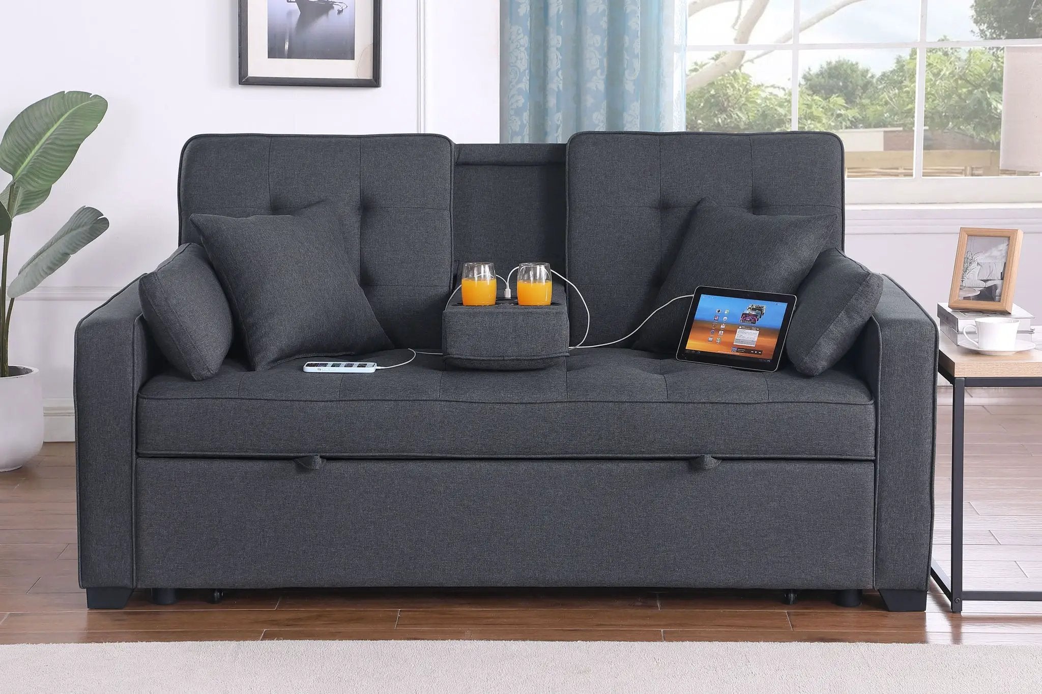 Cody II - Convertible Sleeper Loveseat With Cup Holder, Charging Ports and Pocket - Dark Gray by Unique Piece Furniture