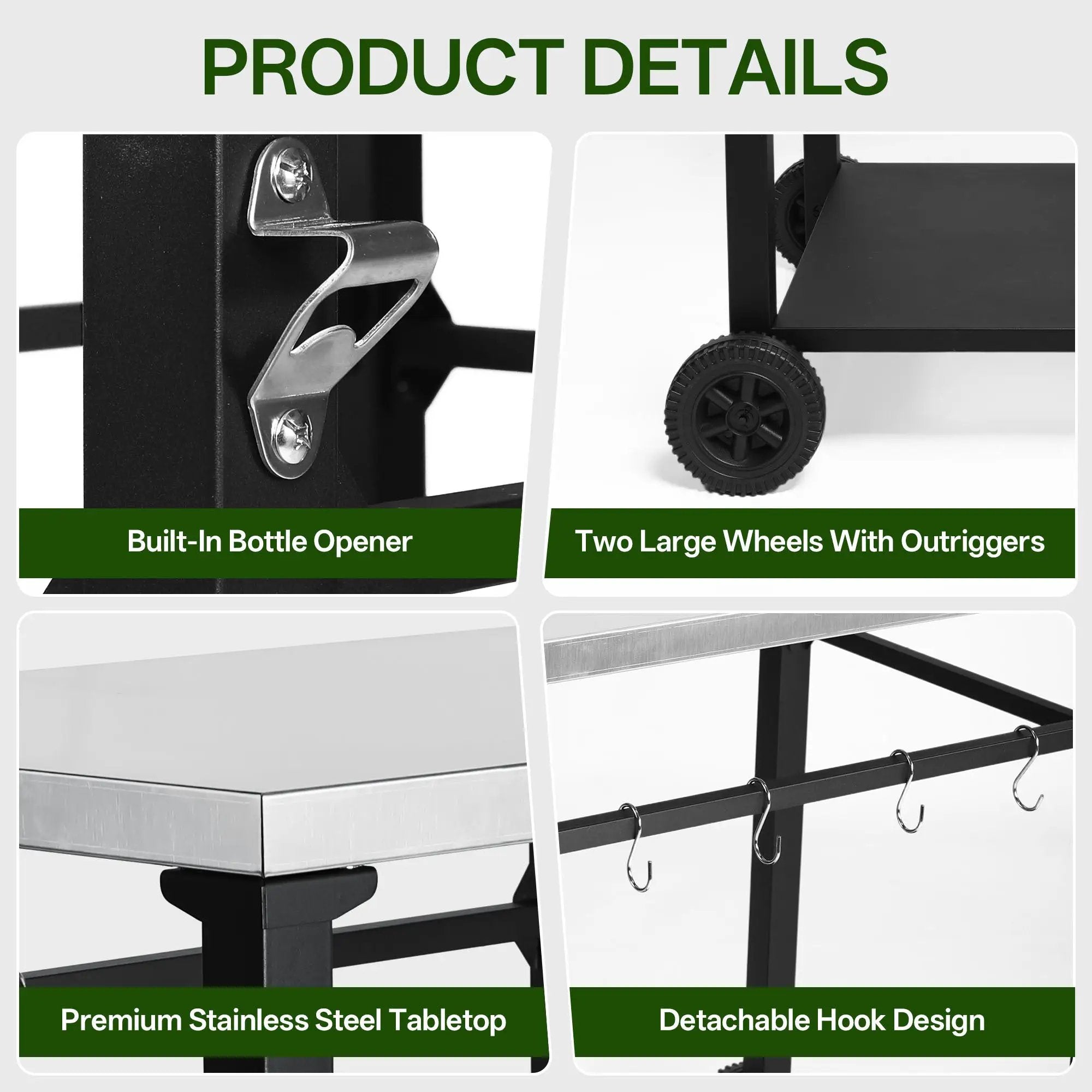 2-Tier Outdoor Grill Cart with Stainless Steel Top, Large Wheels & Tool Hooks by HouseOfZazla