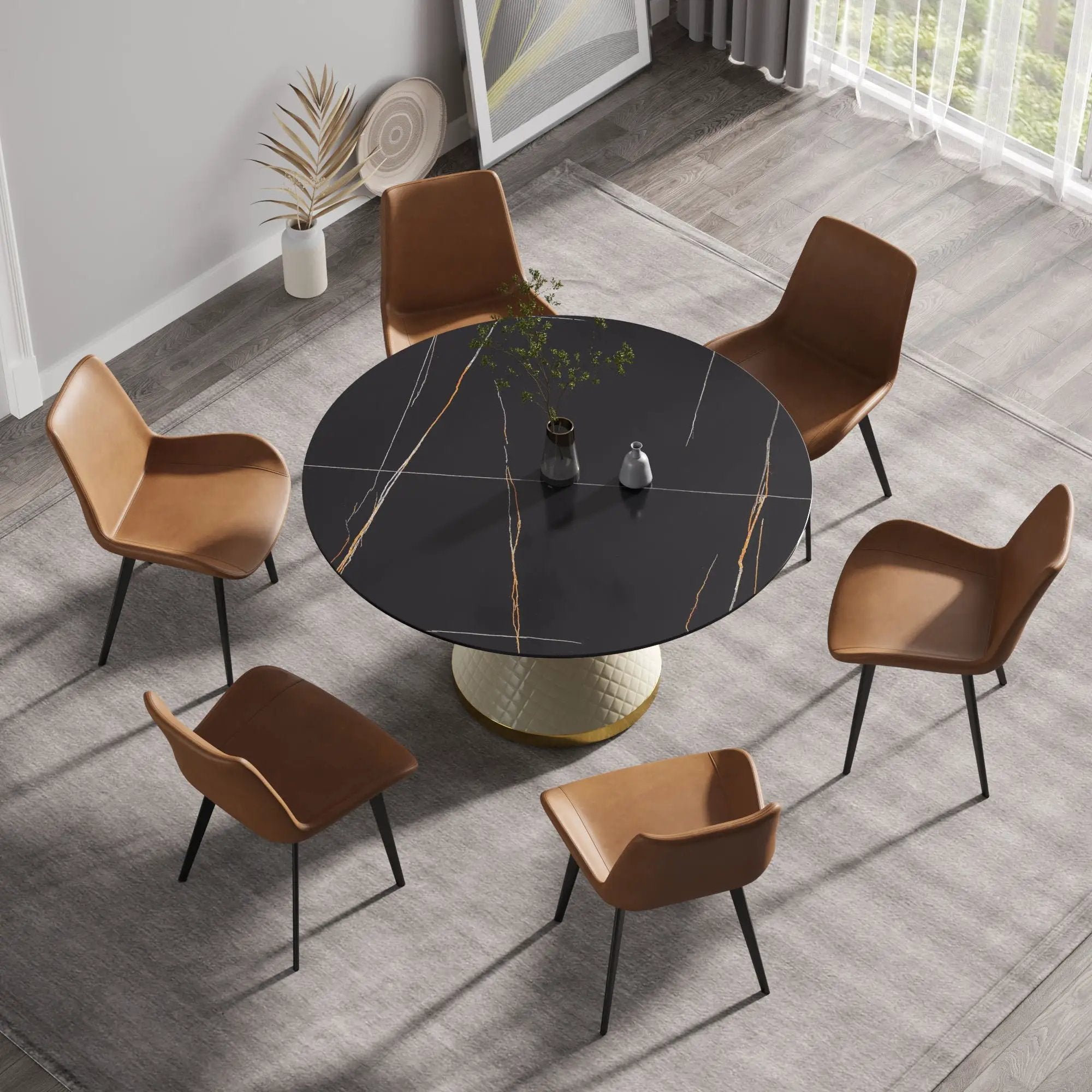 53.15" Modern Artificial Stone Round Carbon Steel Base Dining Table, Can Accommodate 6 People - Black / White by HouseOfZazla