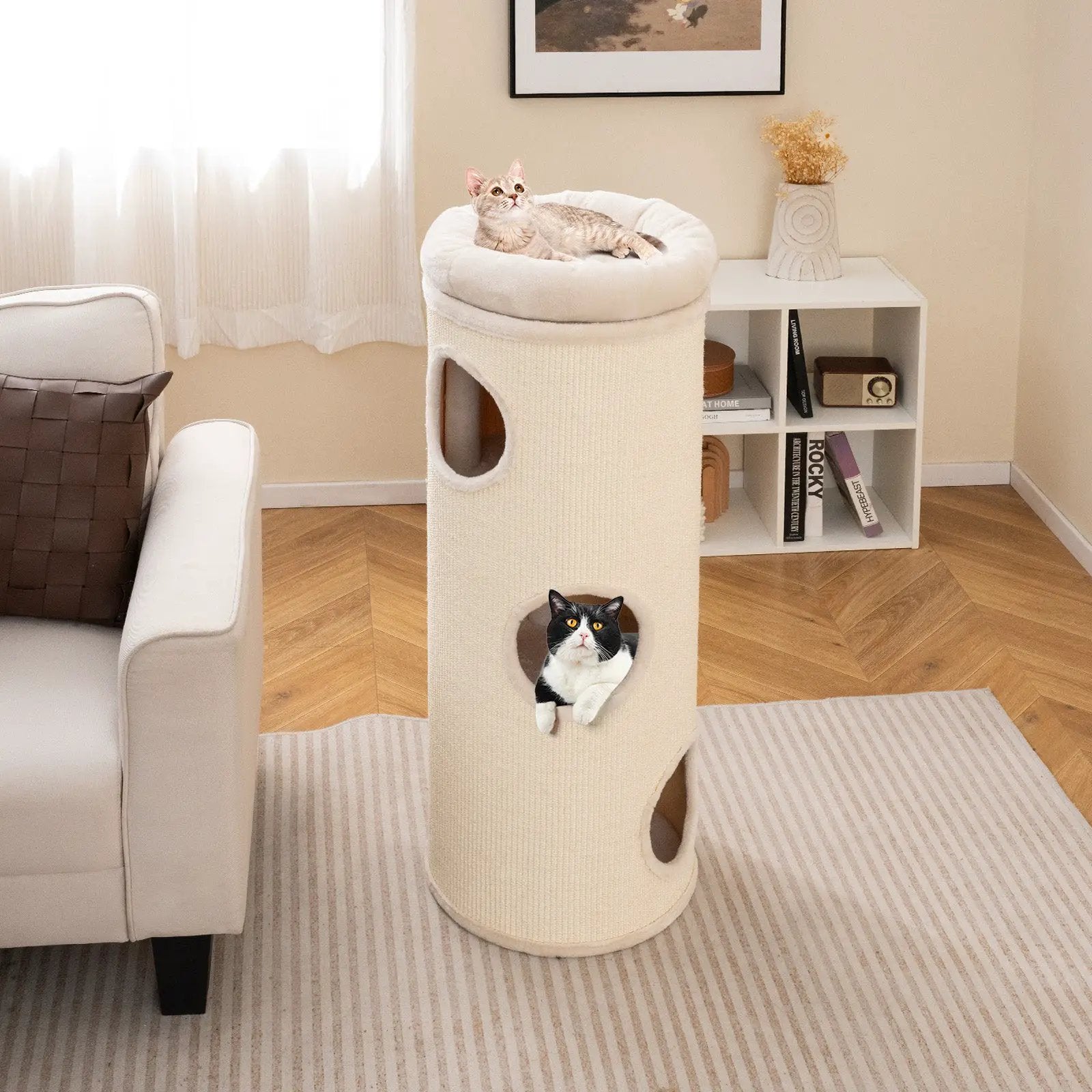 49 Inch Elevated Cat Cave 4-Story Cat House for Multiple Cats-Beige by DirectDeals