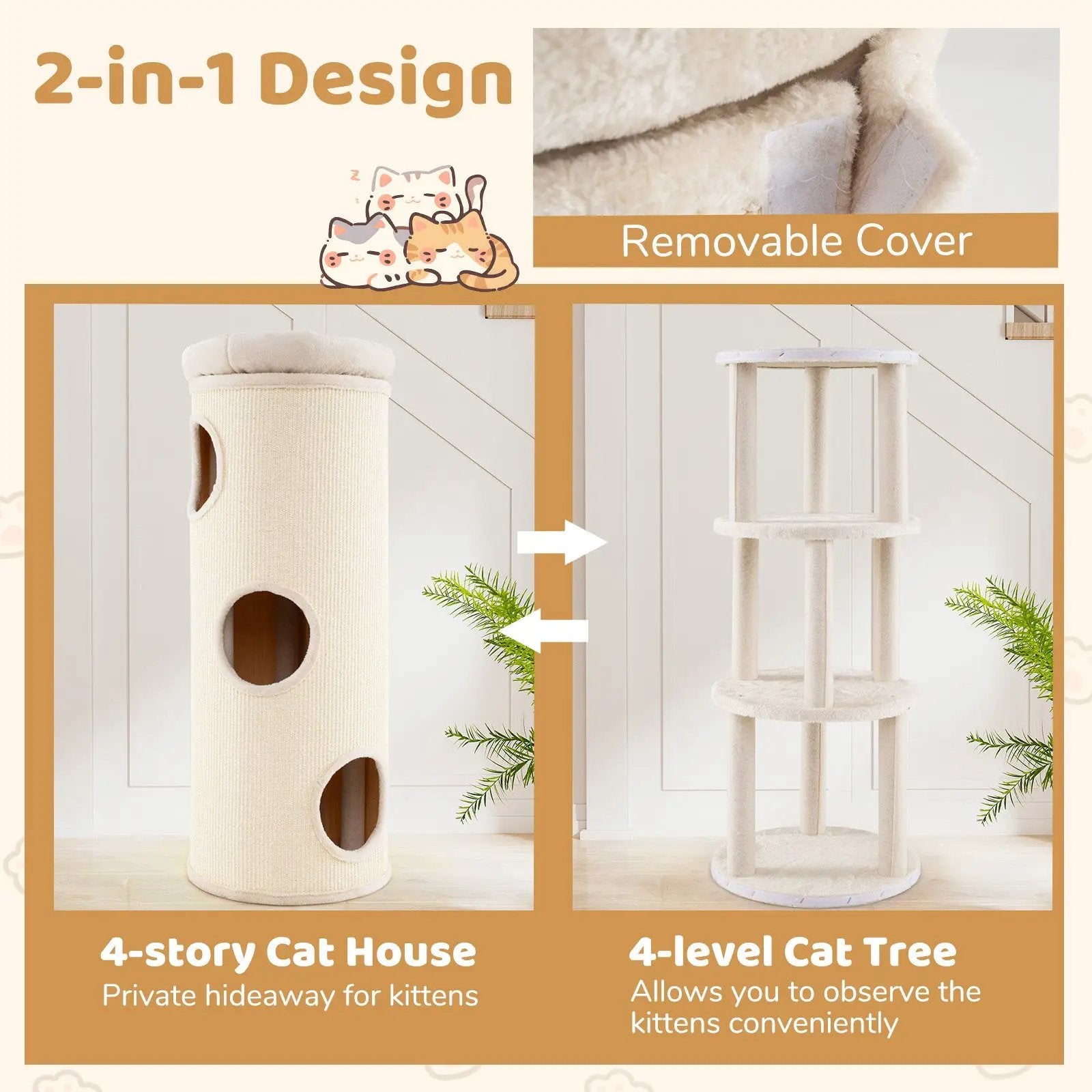 49 Inch Elevated Cat Cave 4-Story Cat House for Multiple Cats-Beige by DirectDeals