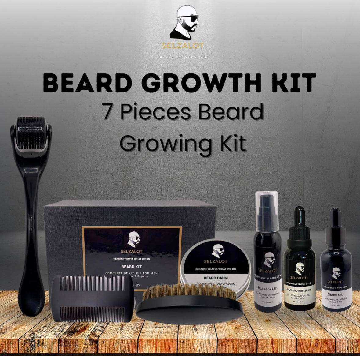SELZALOT Beard Growth Kit Facial Hairs Men's Grooming Set 7 Pieces Beard Products with Oil, Serum, Balm, Shampoo, Comb, Brush and Hand Beard Care Kit for Men Men Self Care by Selzalot