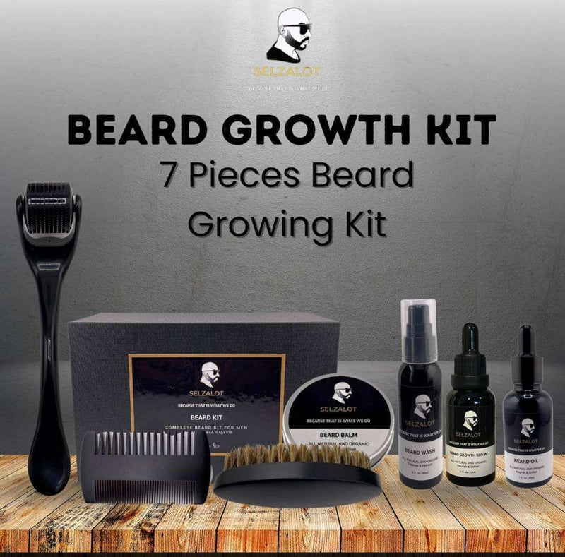 SELZALOT Beard Growth Kit Facial Hairs Men's Grooming Set 7 Pieces Beard Products with Oil, Serum, Balm, Shampoo, Comb, Brush and Hand Beard Care Kit for Men Men Self Care by Selzalot