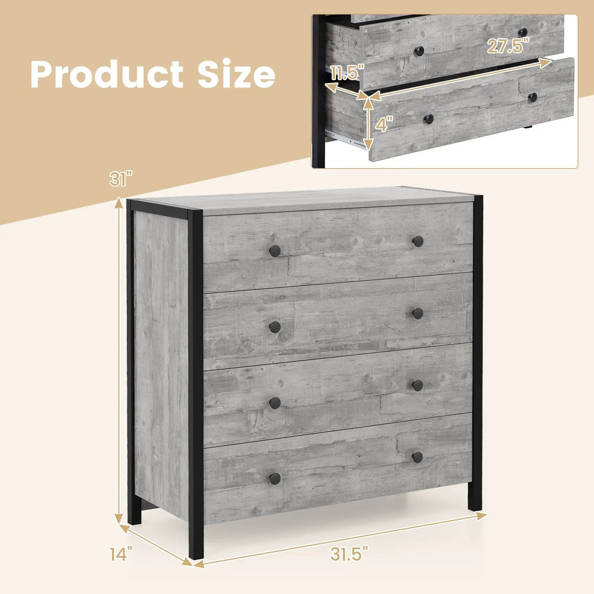 4-Drawer Dresser Modern Wooden Chest of Drawers for Bedroom Living Room by DirectDeals