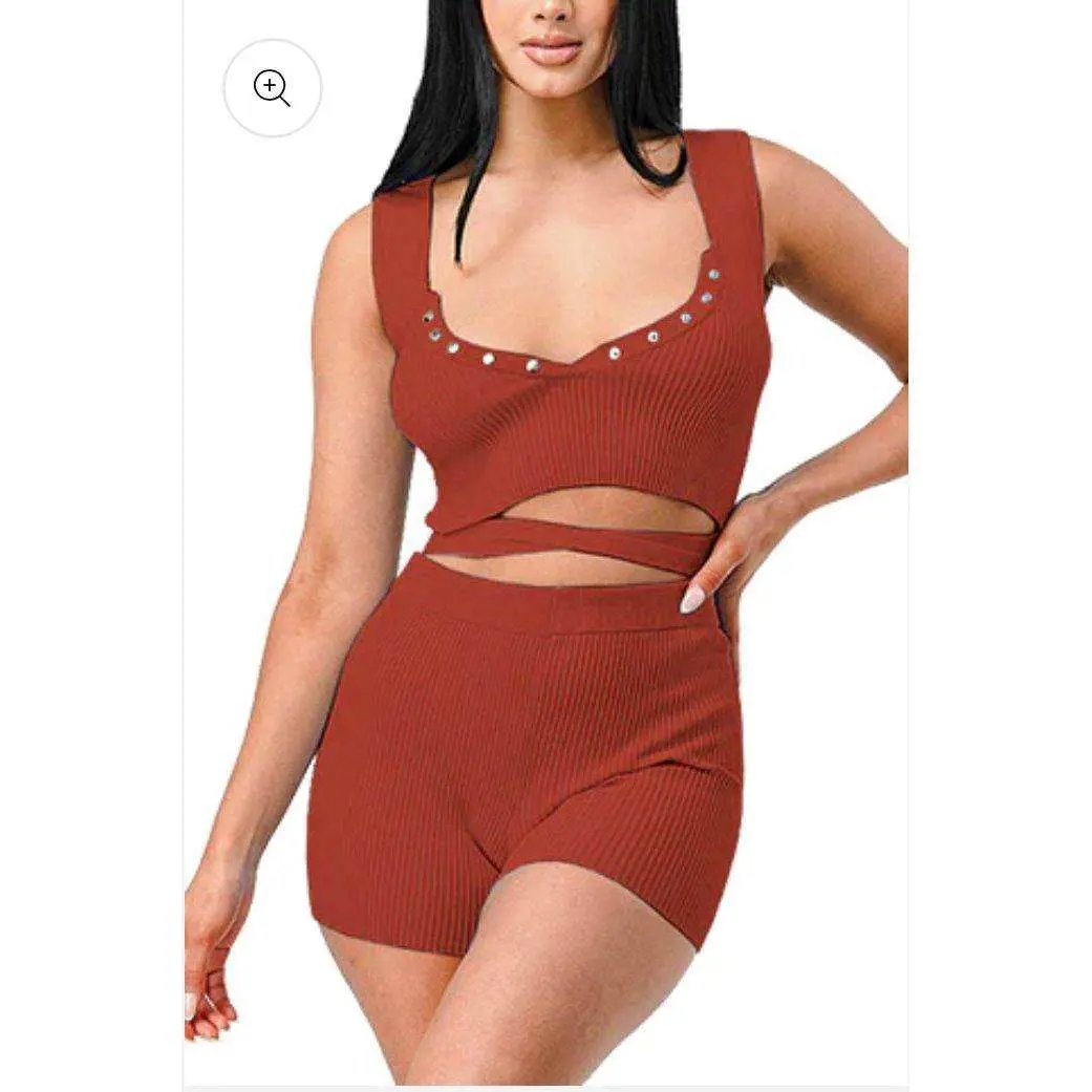LUXURY KNIT WAIST TIED CROP TOP & SHORT SET by Selzalot