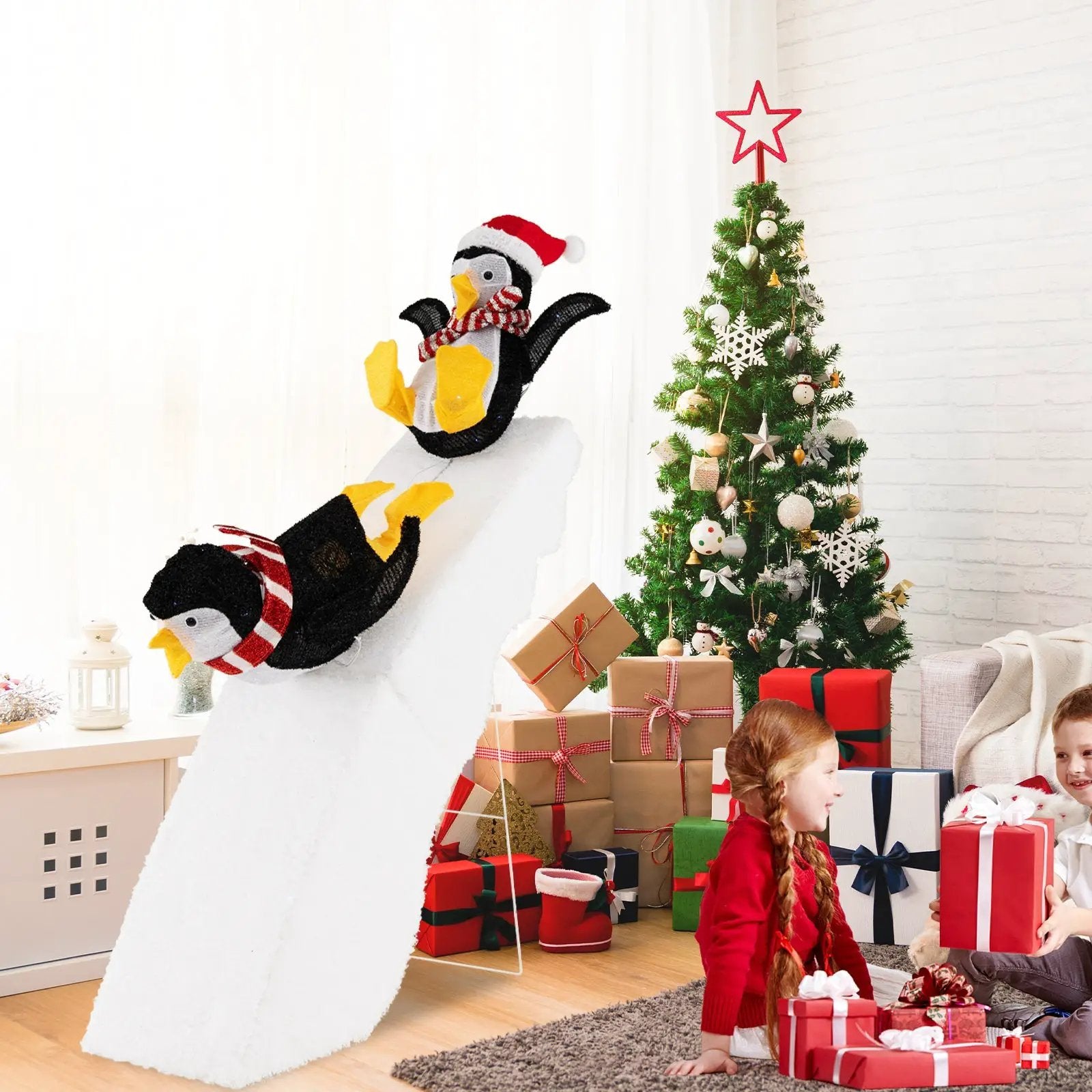 4 Feet Christmas Penguin Ice Skating Decor with Snowy Slide by DirectDeals