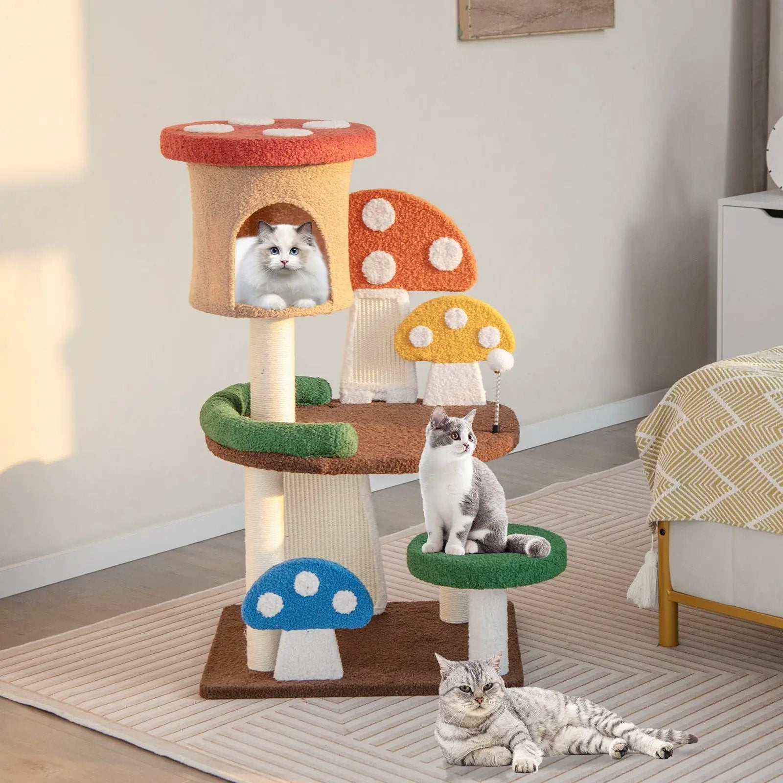 4-In-1 Mushroom Cat Tree with Condo Spring Ball and Sisal Posts-Multicolor by DirectDeals