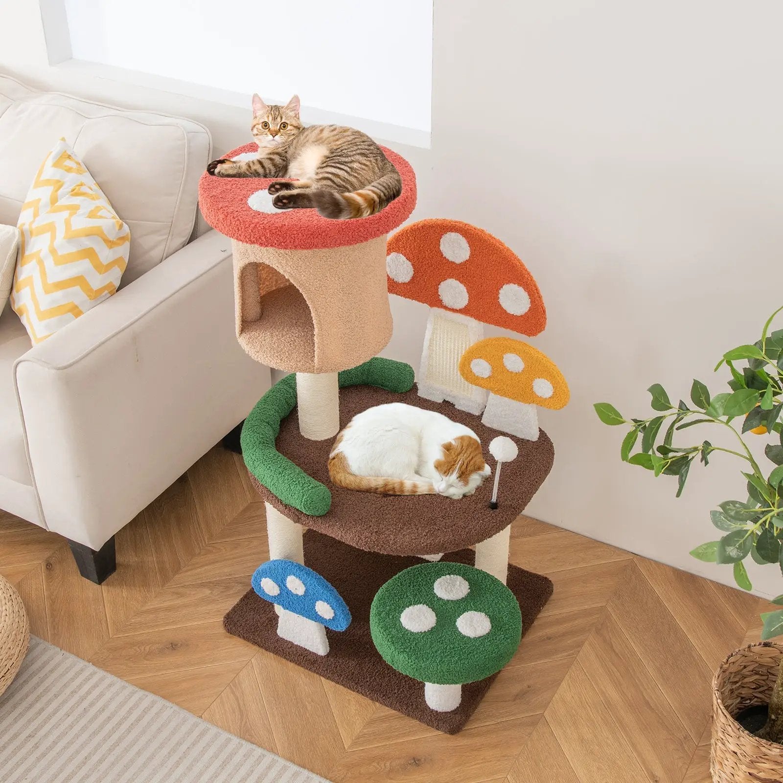 4-In-1 Mushroom Cat Tree with Condo Spring Ball and Sisal Posts-Multicolor by DirectDeals