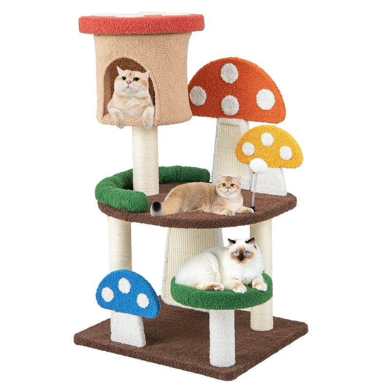4-In-1 Mushroom Cat Tree with Condo Spring Ball and Sisal Posts-Multicolor by DirectDeals
