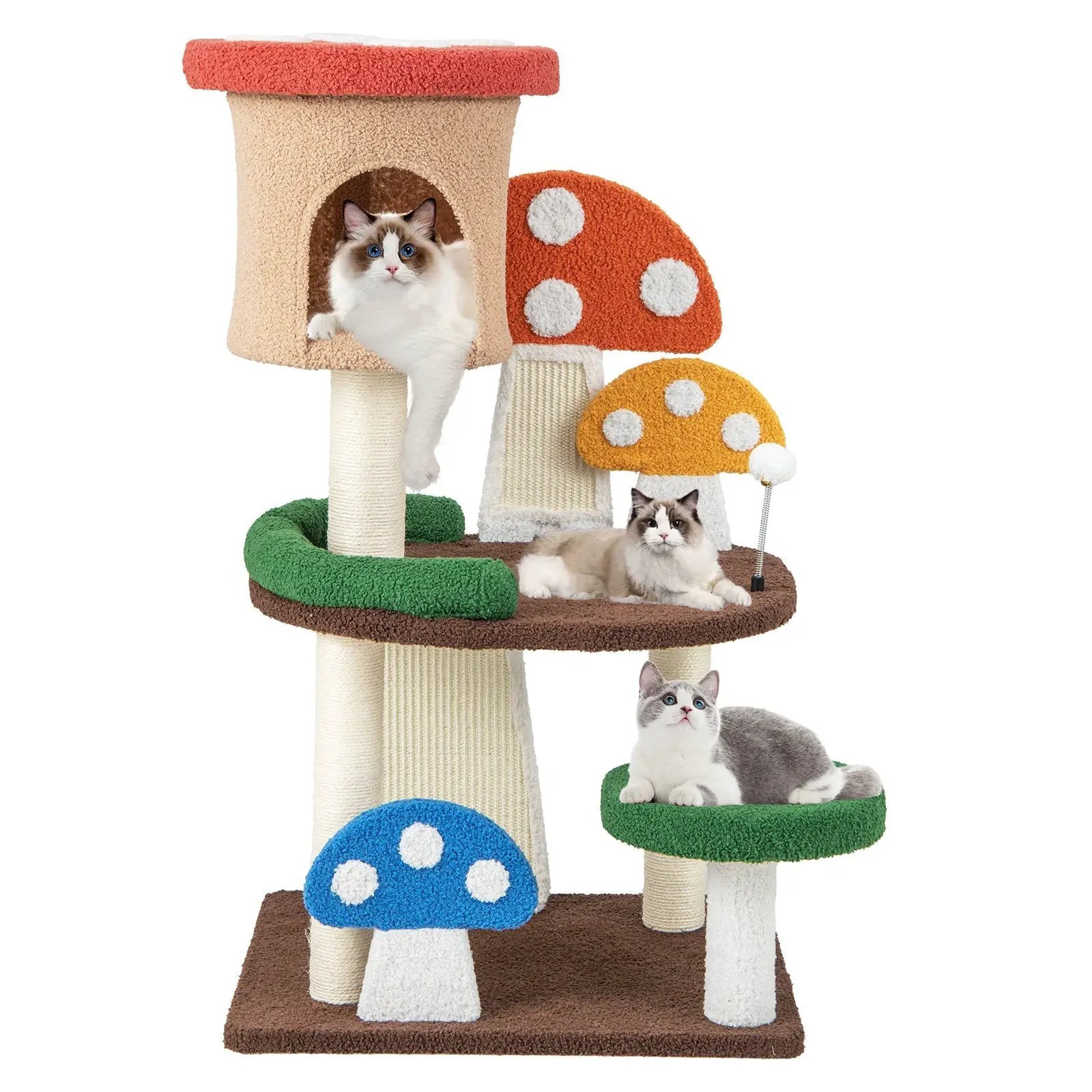 4-In-1 Mushroom Cat Tree with Condo Spring Ball and Sisal Posts-Multicolor by DirectDeals