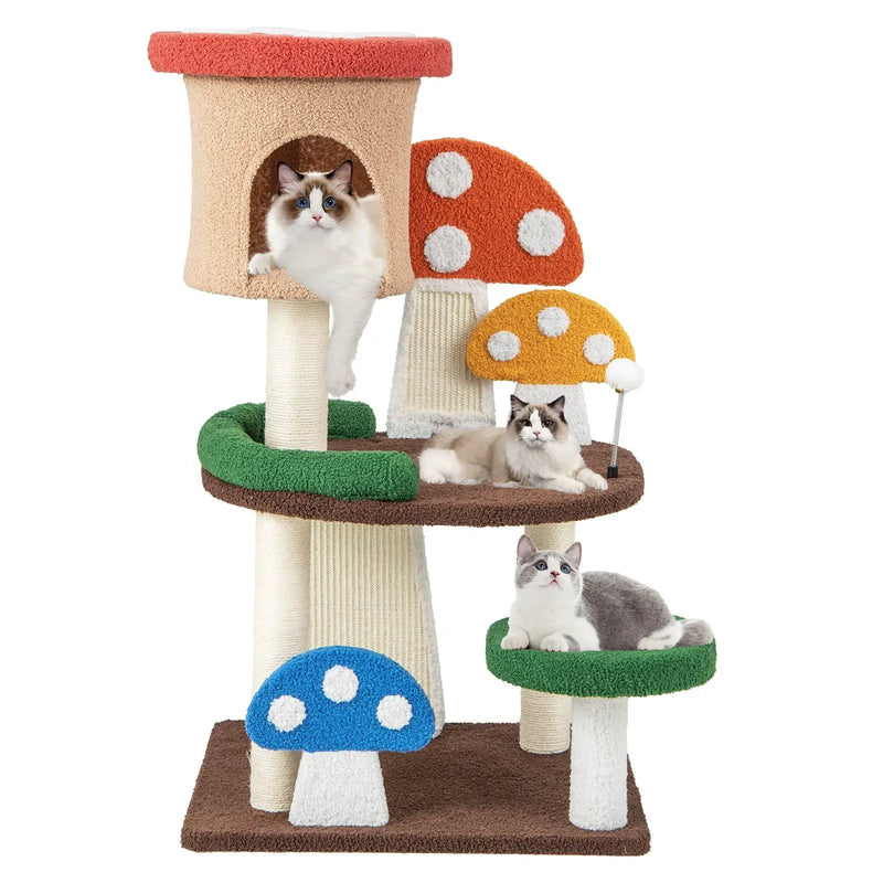 4-In-1 Mushroom Cat Tree with Condo Spring Ball and Sisal Posts-Multicolor by DirectDeals