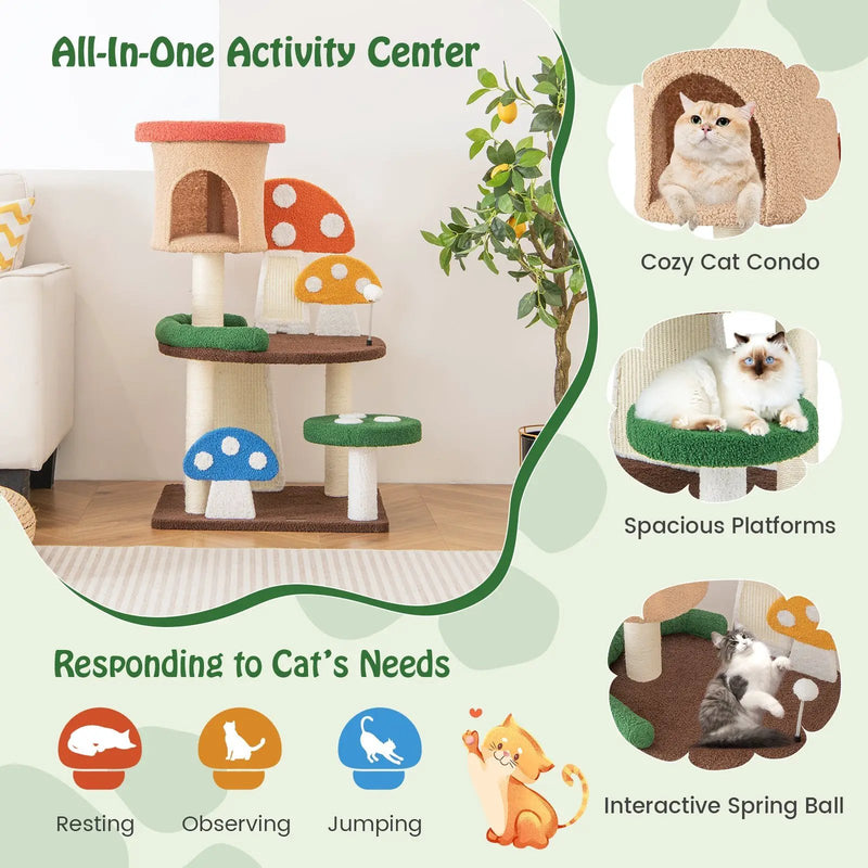 4-In-1 Mushroom Cat Tree with Condo Spring Ball and Sisal Posts-Multicolor by DirectDeals