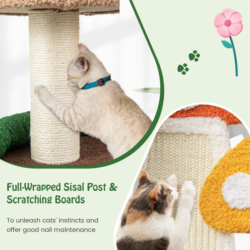 4-In-1 Mushroom Cat Tree with Condo Spring Ball and Sisal Posts-Multicolor by DirectDeals