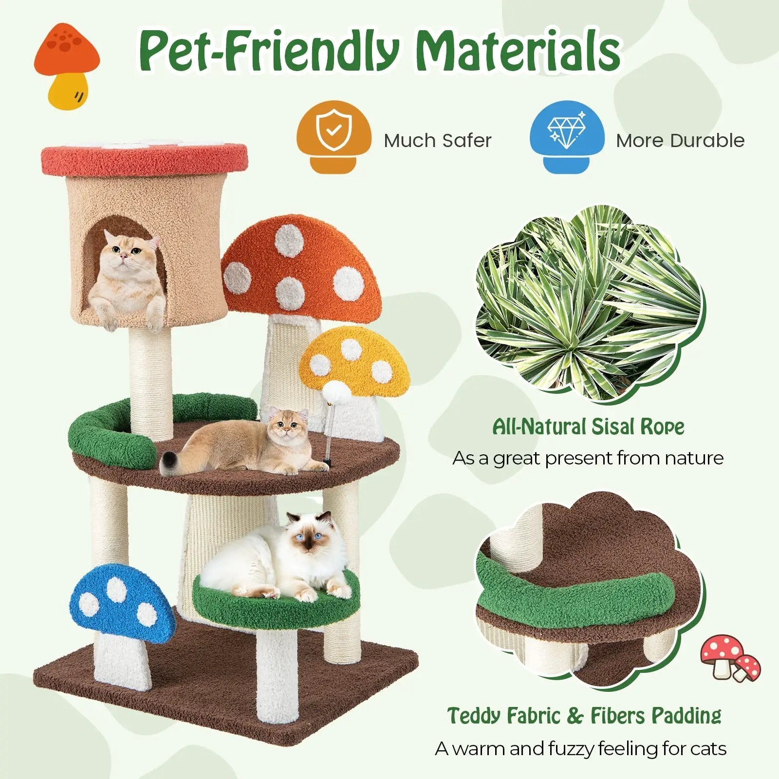 4-In-1 Mushroom Cat Tree with Condo Spring Ball and Sisal Posts-Multicolor by DirectDeals