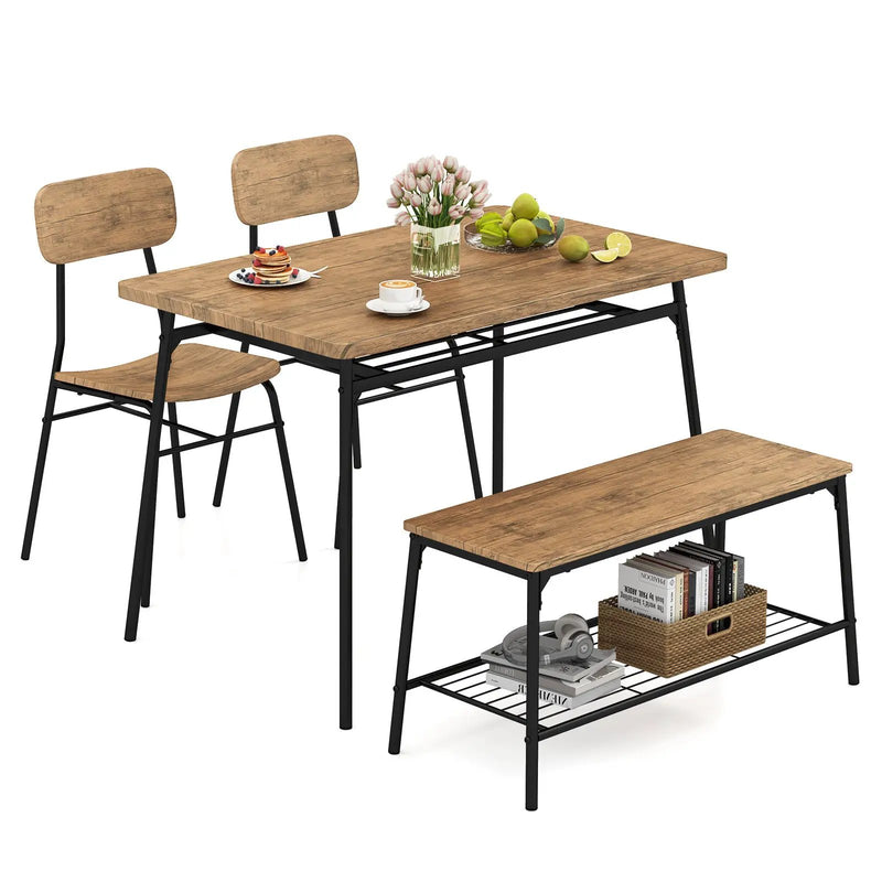 4 Piece Dining Table Set for 4 Metal Frame with Bench and 2 Chairs-Brown by DirectDeals