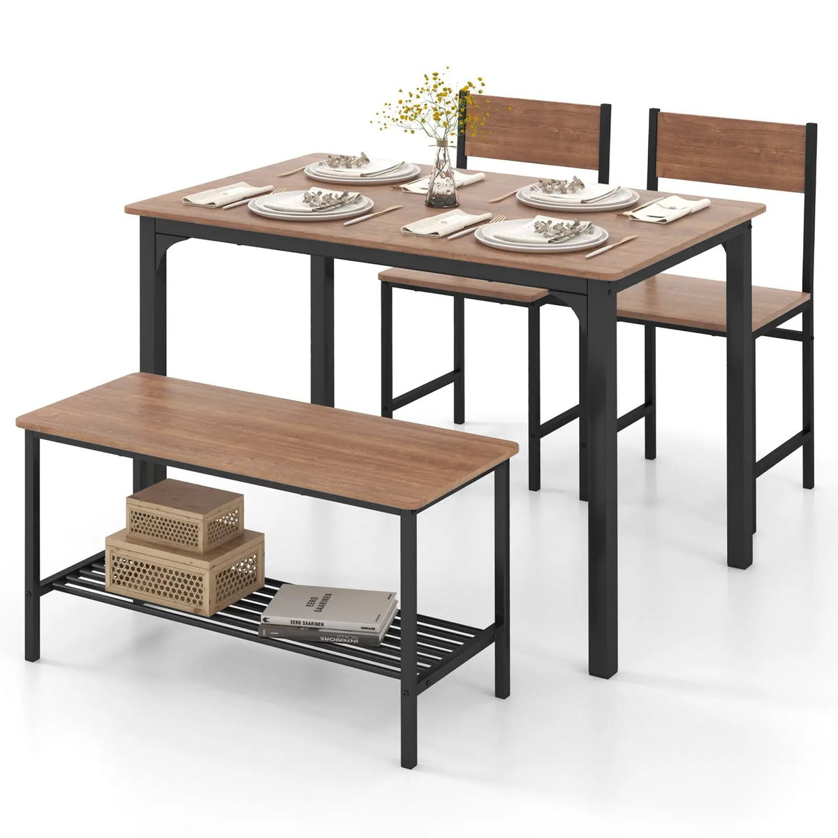 4 Pieces Rustic Dining Table Set with 2 Chairs and Bench by DirectDeals