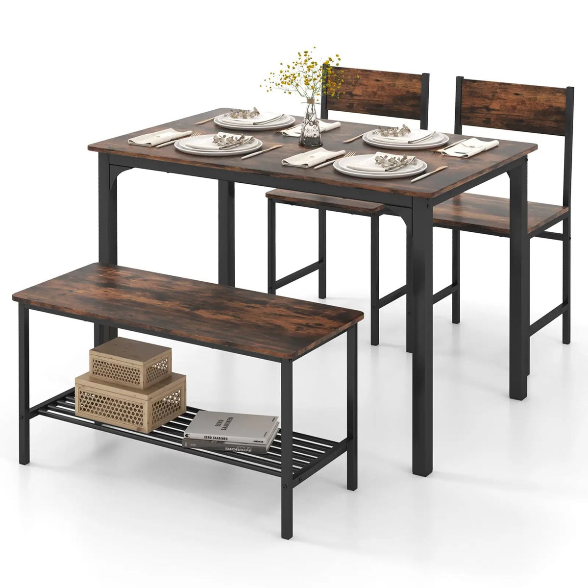 4 Pieces Rustic Dining Table Set with 2 Chairs and Bench by DirectDeals