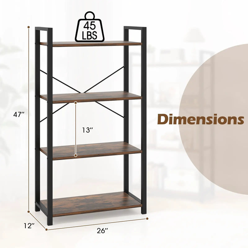 4-Tier Bookshelf with Heavy Duty Metal Frame Industrial Display Shelf-Rustic Brown by DirectDeals