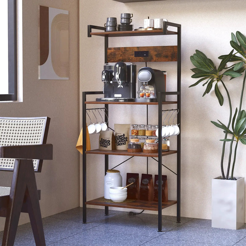 4-Tier Kitchen Bakers Rack with Power Outlet and 8 Hooks-Rustic Brown by DirectDeals