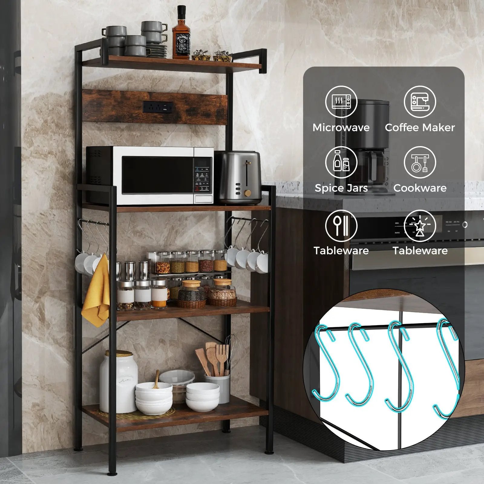 4-Tier Kitchen Bakers Rack with Power Outlet and 8 Hooks-Rustic Brown by DirectDeals
