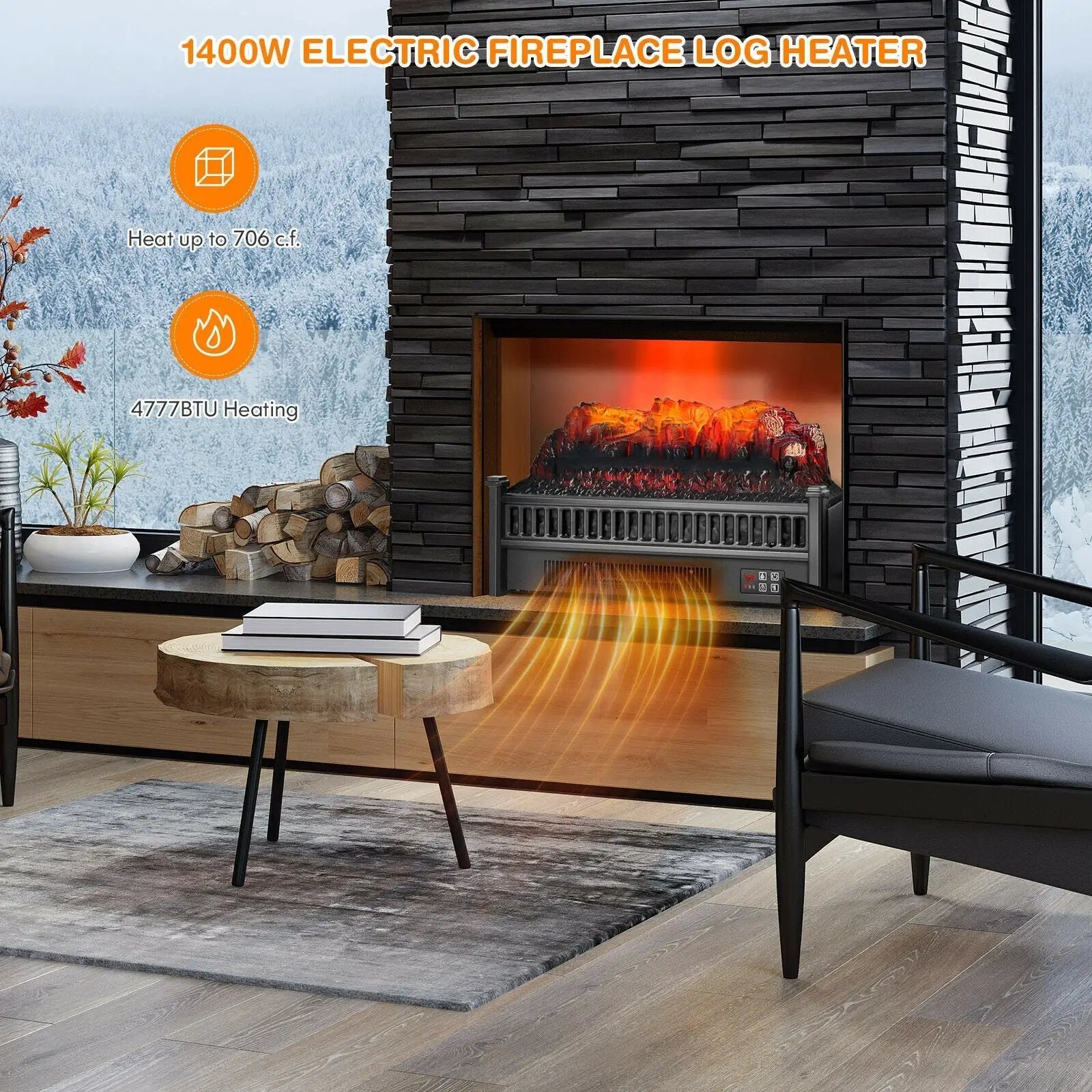 1400W Electric Fireplace Log Heater with Adjustable Flame Brightness-Black by DirectDeals