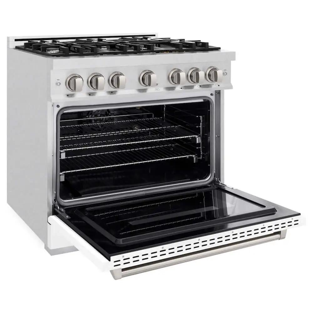 ZLINE 36"Classic Gas Range, Convection Gas Oven, DuraSnow® Stainless Steel, White Matte Door CGRS-WM-36 by Farmhouse Kitchen and Bath