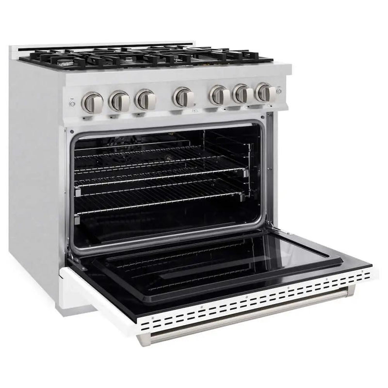 ZLINE 36"Classic Gas Range, Convection Gas Oven, DuraSnow® Stainless Steel, White Matte Door CGRS-WM-36 by Farmhouse Kitchen and Bath