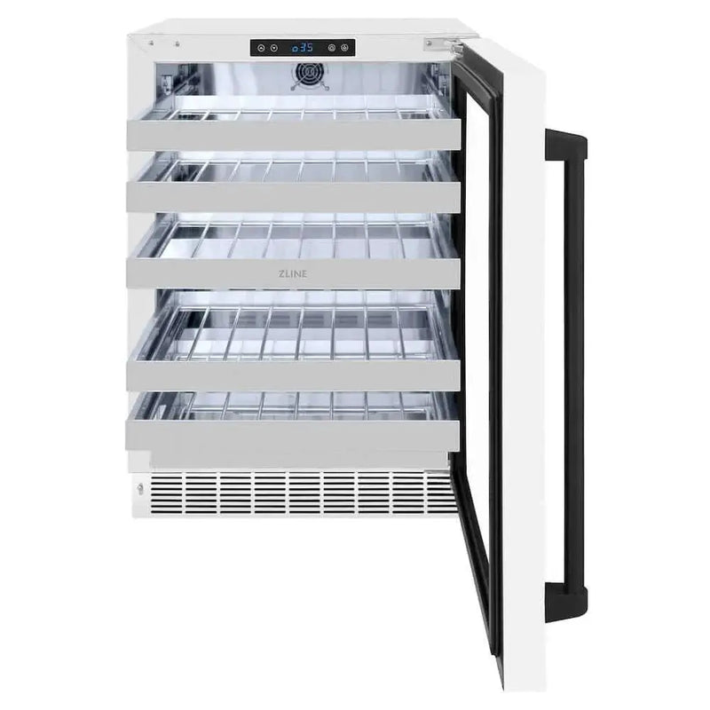 ZLINE 24" Touchstone Dual Zone 44 Bottle Wine Cooler White Matte Glass Door Matte Black Handle RWDOZ-WM-24-MB by Farmhouse Kitchen and Bath