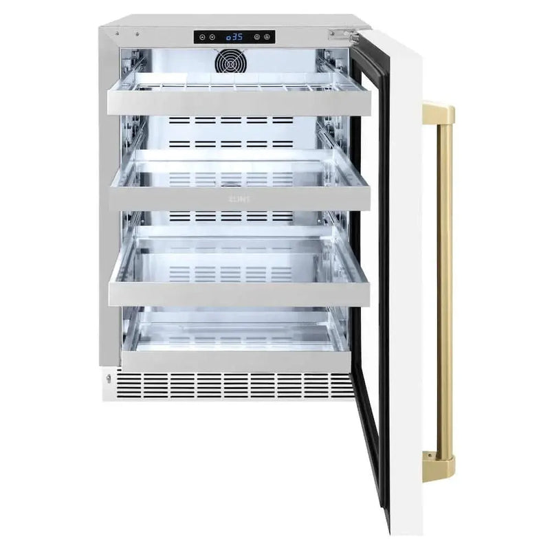 ZLINE 24" Touchstone 151 Can Beverage Fridge White Matte Glass Door Champagne Bronze Handle RBSOZ-WM-24-CB by Farmhouse Kitchen and Bath
