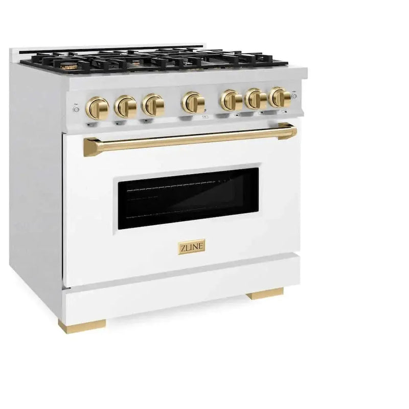 ZLINE 36"Classic Gas Range, Convection Gas Oven, DuraSnow® Stainless Steel, White Matte Door Polished Gold CGRSZ-WM-36-G by Farmhouse Kitchen and Bath