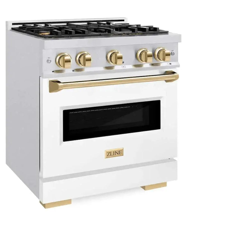 ZLINE 30" Dual Fuel Range, Gas Cooktop, Electric Convection Oven DuraSnow® Stainless Steel, White Matte Door, Gold CDRSZ-WM-30-G by Farmhouse Kitchen and Bath