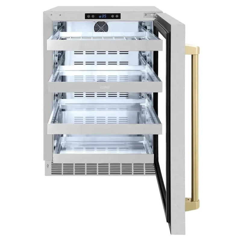 ZLINE 24" Touchstone 151 Can Beverage Fridge DuraSnow® Stainless Steel Glass Door And Champagne Bronze Handle RBSOZ-SN-24-CB by Farmhouse Kitchen and Bath