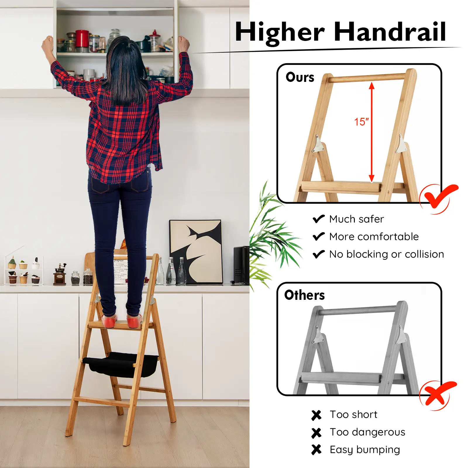 3 Step Foldable Bamboo Step Ladder Stool with Tool Storage Bag-Natural by DirectDeals