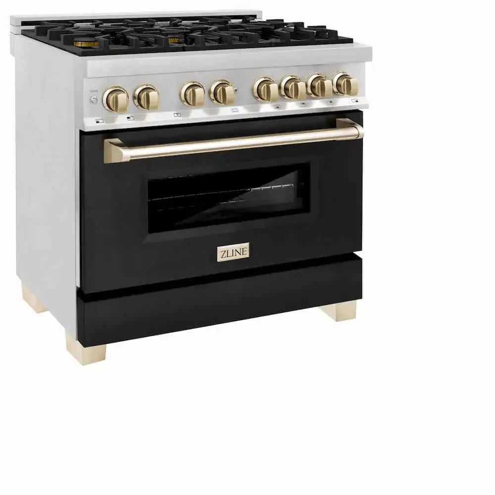 ZLINE 36" Autograph Dual Fuel Range, Black, Gold, RAZ-BLM-36-G by Farmhouse Kitchen and Bath