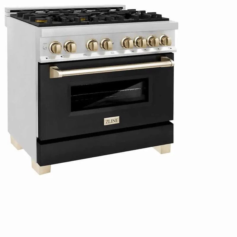 ZLINE 36" Autograph Dual Fuel Range, Black, Gold, RAZ-BLM-36-G by Farmhouse Kitchen and Bath