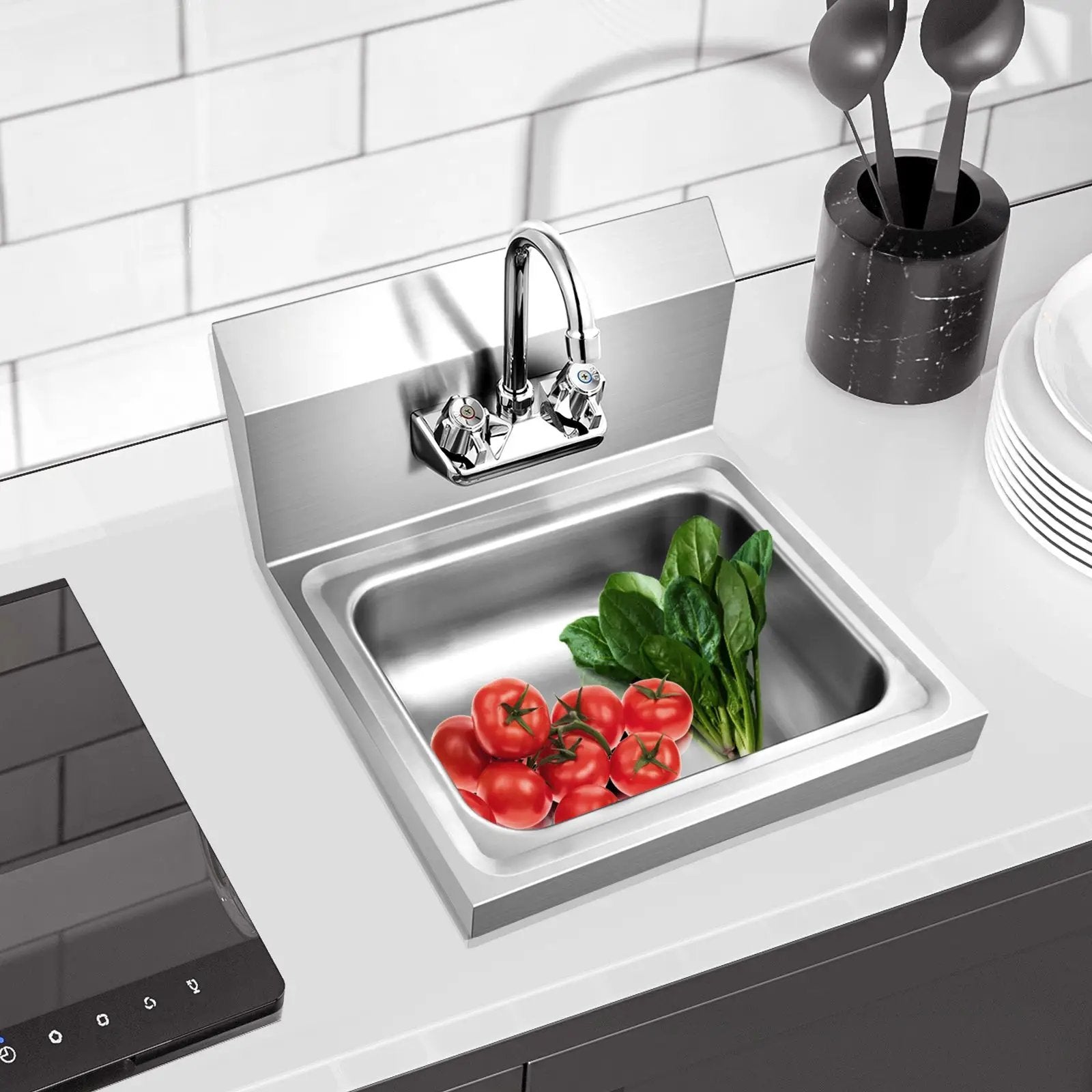 Stainless Steel Sink Wall Mount Hand Washing Sink with Faucet and Back Splash by DirectDeals