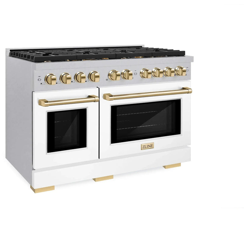 ZLINE 48"Paramount Dual Fuel Range DuraSnow® White Matte, Gold SDRSZ-WM-48-G by Farmhouse Kitchen and Bath